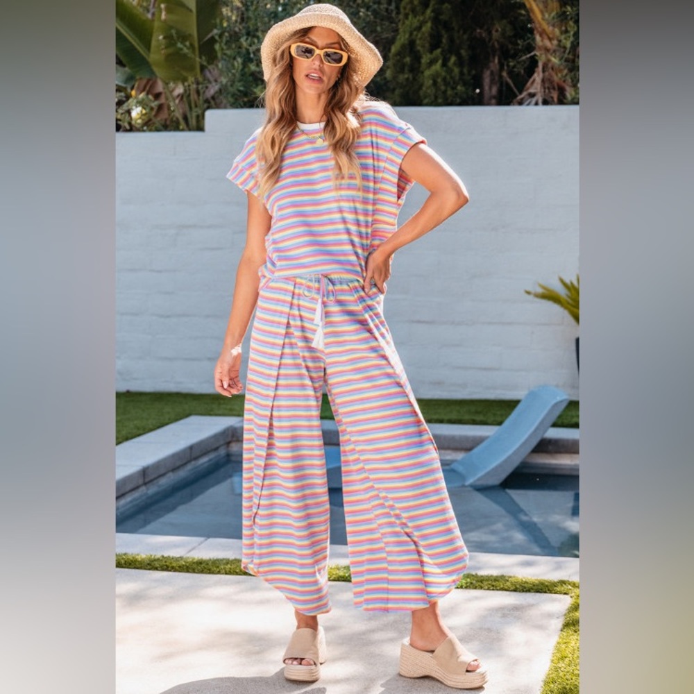 2 PC Outfit Pink Striped Rainbow Tee and Tasseled String Wide Leg Pants